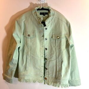 CELESTIAL BLUE Sz L Crochet Style Back Fringed 100% Cotton Mint Denim Jacket